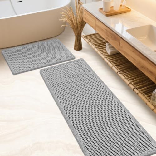 IM HOME Waffle Bath Mat Set 2 Piece Light Grey,Woven Modern Bath Rug Mats, Absorbent Non Slip Bath Floor Mat, Soft Washable Boho Bath Rugs with Tassels for Bathroom, Bedroom, Kitchen,Tub