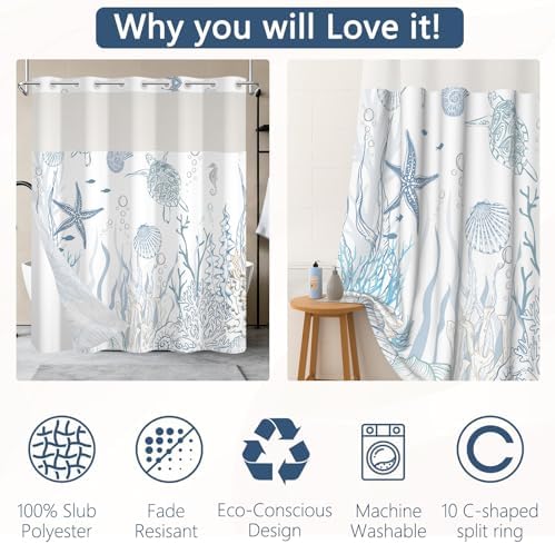 No Hook Shower Curtain with Snap-in Liner 71x74 Inch