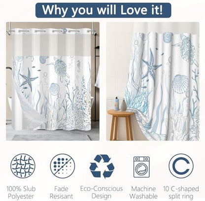 No Hook Shower Curtain with Snap-in Liner 71x74 Inch