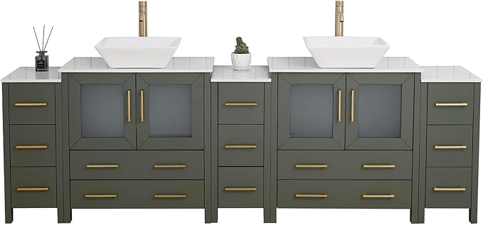 Vanity Art 96 Inch Vessel Double Sink Bathroom Vanity Cabinet with 2 Mirrors, Engineered Marble Top Bathroom Cabinet Compact Set with 13 Dovetail Drawers and Soft Closing Doors, VA3130-96VG