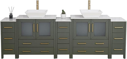 Vanity Art 96 Inch Vessel Double Sink Bathroom Vanity Cabinet with 2 Mirrors, Engineered Marble Top Bathroom Cabinet Compact Set with 13 Dovetail Drawers and Soft Closing Doors, VA3130-96VG