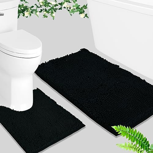 BOANKODU Bathroom Rugs Sets 2 Piece, Absorbent Bath Mat for Bathroom Very Soft Chenille Non-Slip, 32x20 Inch + 20x20 Inch U Shape Bathroom Mat, Machine Washable Bath Rugs (Black)