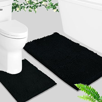 BOANKODU Bathroom Rugs Sets 2 Piece, Absorbent Bath Mat for Bathroom Very Soft Chenille Non-Slip, 32x20 Inch + 20x20 Inch U Shape Bathroom Mat, Machine Washable Bath Rugs (Black)