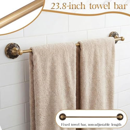 4 Pcs Antique Brass Bathroom Hardware Set, Bathroom Accessories Set, 24 Inch Wall Mounted Bath Towel Bar Toilet Paper Holder Hand Towel Holder Robe Hook for Shower Room Toilet(Single Layer)