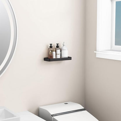 12-Inch Wall Shelf, Clear Tempered Glass with Matte Black Aluminum Frame – Versatile Floating Bathroom Organizer