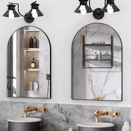Wall Mounted Mirror, Arched Wall Mirror for Bathroom, 2 Pieces 24"x36" Arch Bathroom Mirror with Metal Frame, Black Vanity Mirror Decor for Mantle, Bedroom, Entryway, Living Room