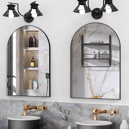 Wall Mounted Mirror, Arched Wall Mirror for Bathroom, 2 Pieces 24"x36" Arch Bathroom Mirror with Metal Frame, Black Vanity Mirror Decor for Mantle, Bedroom, Entryway, Living Room