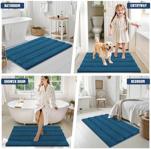Grandaily Chenille Striped Bathroom Rugs 30x20, Extra Thick and Absorbent Bath Mats, Non-Slip Soft Plush Shaggy Shower Carpet, Machine Wash Dry, Bath Rug for Bathroom, (Medium, Peacock Blue)