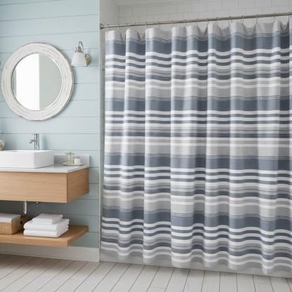Serafina Home Modern Coastal Blue White Gray Stripe Cotton Shower Curtain