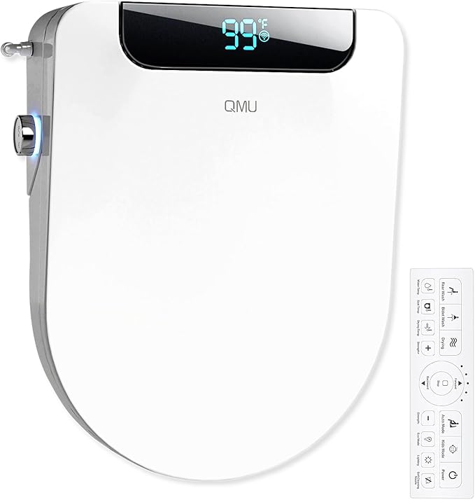 Electric Bidet Toilet Seat Round - Smart Heated Toilet Seat with Remote Control, Instant Warm Water, Self-Cleaning Nozzle, Warm Air Dryer, Feminine Wash, Soft Close, LED Display