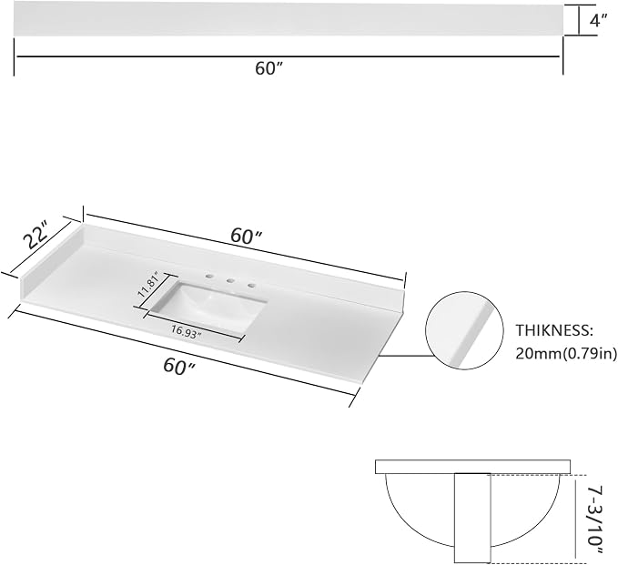 60" x 22" Vanity Top, Quartz Vanity Sink Top in Pure White, with One Sidesplash & One Backsplash, with Undermounted Sink,8 Inch Faucet Hole Spread for Vanity Top with Sink