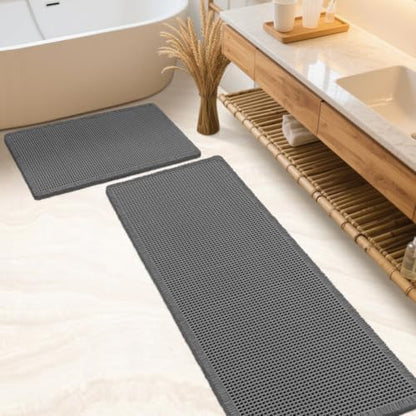 IM HOME Waffle Bath Mat Set 2 Piece Grey, Woven Modern Bath Rug Mats, Absorbent Non Slip Bath Floor Mat, Soft Washable Boho Bath Rugs with Tassels for Bathroom, Bedroom, Kitchen,Tub