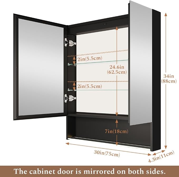 30"×34" LED Lighted Medicine Cabinet with Backlight, Adjustable Brightness 3 Color Temperature Lighting Anti-Fog Mirror 2 Socket & 2 USB Ports & Adjustable Shelf Wall Mounted