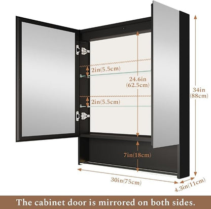 30"×34" LED Lighted Medicine Cabinet with Backlight, Adjustable Brightness 3 Color Temperature Lighting Anti-Fog Mirror 2 Socket & 2 USB Ports & Adjustable Shelf Wall Mounted