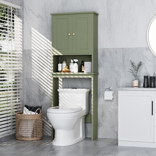 Over the Toilet Storage Cabinet for Bathroom, Storage Organizer Over Toilet, Space Saver with Tempered Glass Doors, Green