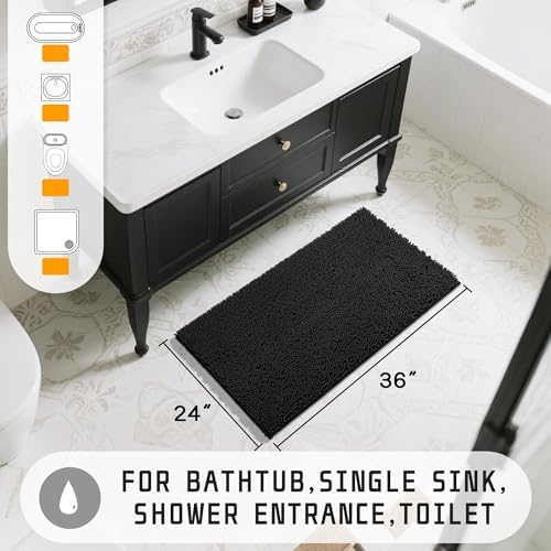 Yimobra Large Bathroom Rugs 36"x24", Non Slip Bath Mat for Tub, Shaggy Rug Floor Carpet, Extra Soft Super Absorbent Quick Dry, Machine Washable,Black