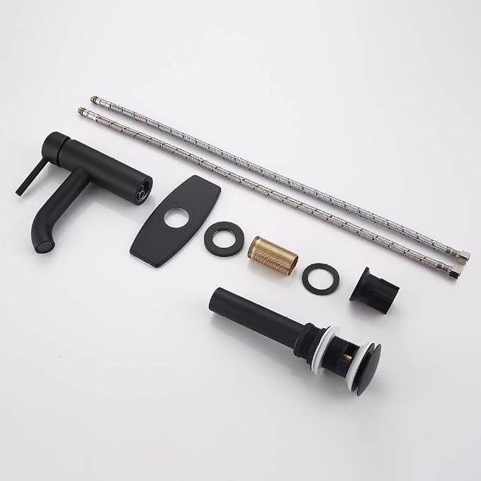 Single Handle Black Bathroom Faucet with Metal Drain Assembly and Escutcheon, Matte Black (Matte Black-JO1)
