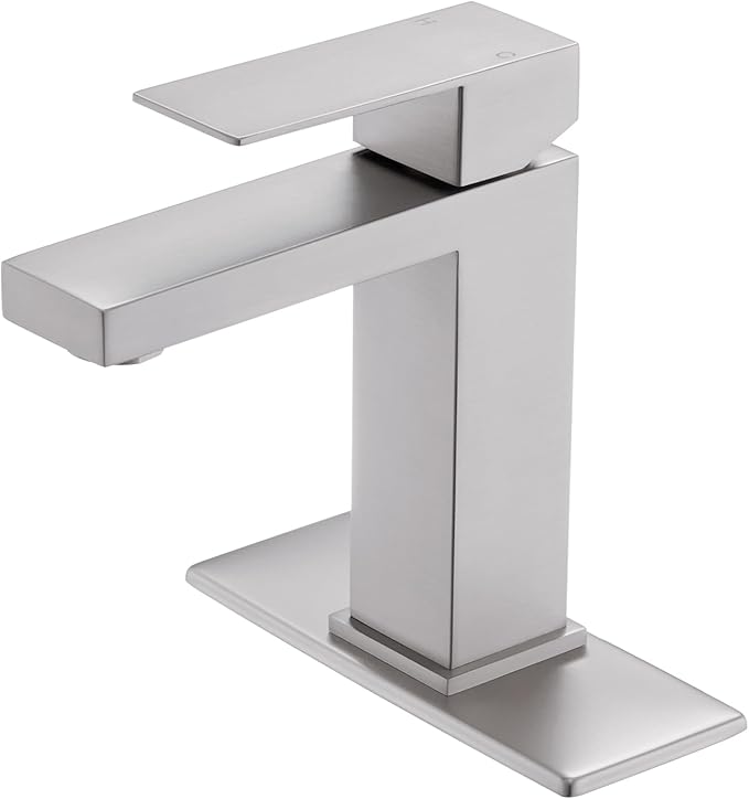 Brushed Nickel Bathroom Faucet, Stainless Steel Vanity Bathroom Sink Faucet with Pop Up Drain Stopper and Water Hoses, Easy to Install Bathroom Faucet 1 Hole for Bathroom Sink, Vanity, RV