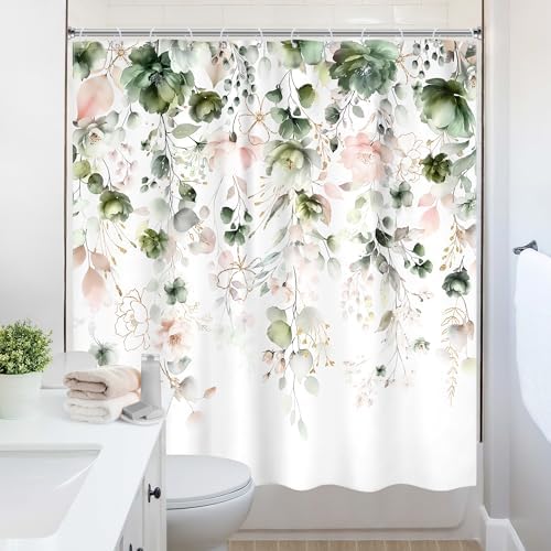 Green Pink Floral Spring Summer Rustic Bathroom Shower Curtain Set