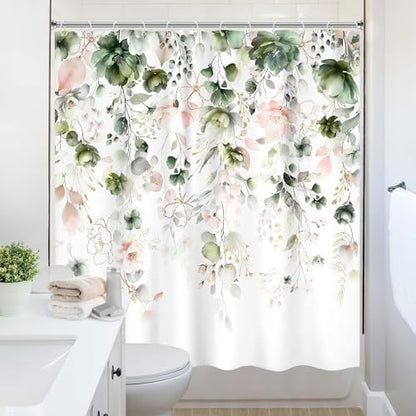 Green Pink Floral Spring Summer Rustic Bathroom Shower Curtain Set