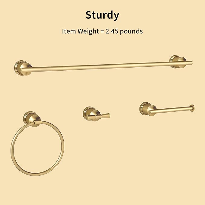 Gold Bathroom Hardware Set, 4-Pieces Wall Mounted Bath Accessories Kit, Stainless Steel Towel Bar, Towel Ring, Toilet Paper Holder & Robe Hooks, Modern Brushed Gold Finish
