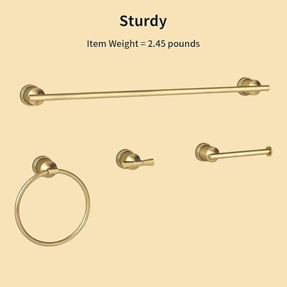 Gold Bathroom Hardware Set, 4-Pieces Wall Mounted Bath Accessories Kit, Stainless Steel Towel Bar, Towel Ring, Toilet Paper Holder & Robe Hooks, Modern Brushed Gold Finish