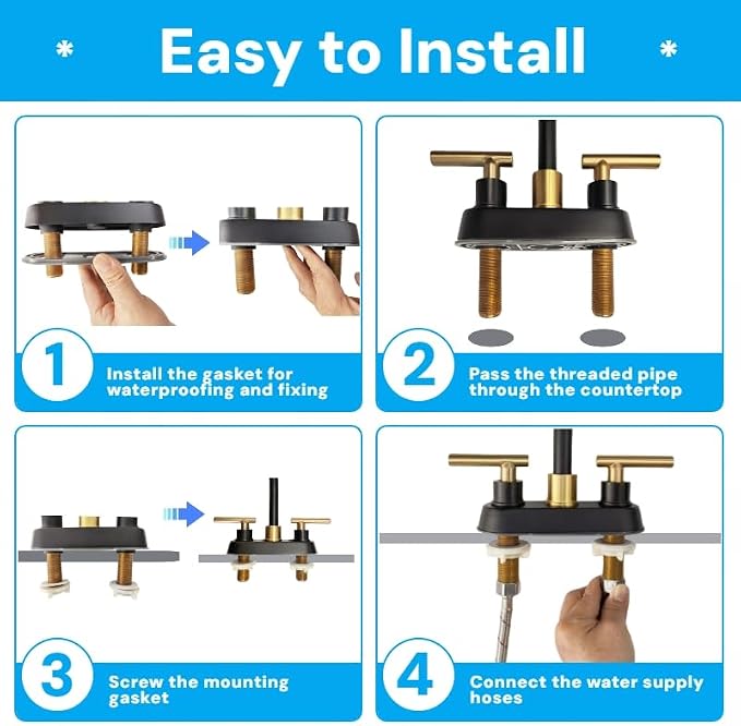 Bathroom Faucet Black and Gold, 2 Handle 4 Inch Centerset Bathroom Sink Faucet with Pop Up Drain, Modern RV Vanity Sink 2 or 3 Hole Mount