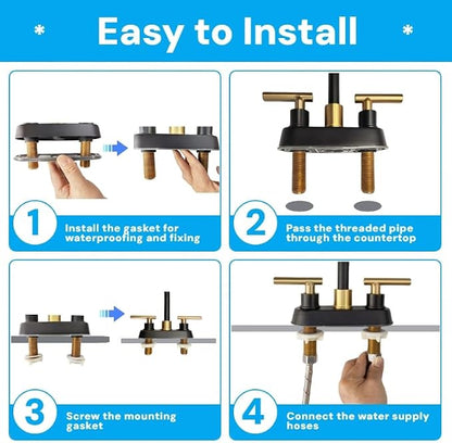 Bathroom Faucet Black and Gold, 2 Handle 4 Inch Centerset Bathroom Sink Faucet with Pop Up Drain, Modern RV Vanity Sink 2 or 3 Hole Mount