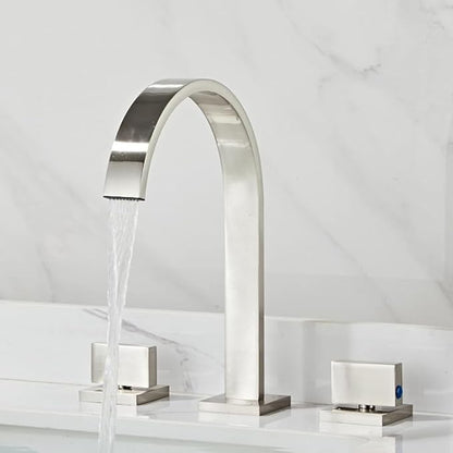 Modern Bathroom Sink FaucetDouble Handle Waterfall Design 3 Hole Full Copper Vanity Faucet for Stylish Bathroom Upgrade Durable & Easy to Install，Drawing