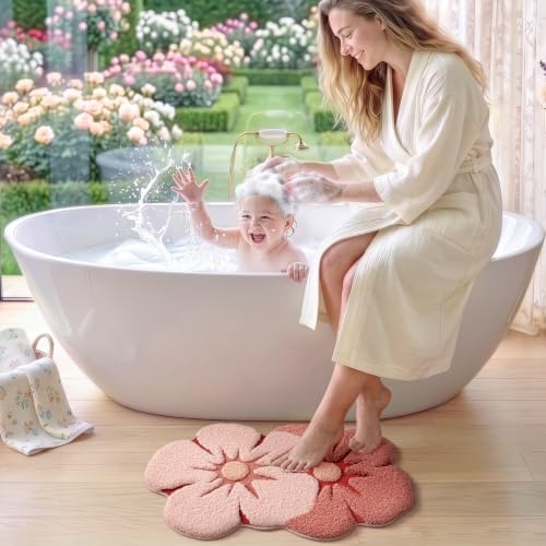 LUMI Flower Bathroom Rug, Absorbent Non Slip Bath Mat, 24"x36", Pink Flower