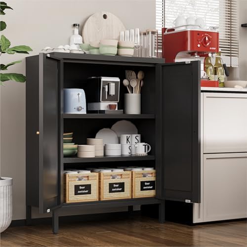 YAUWOH Small Metal Cabinet,Bathroom Storage Cabinet with 2 Adjustable Shelves and 2 Doors,Freestanding Sideboard for Small Spaces, Living Room, Home Office, Dining Room(1PC,Black)