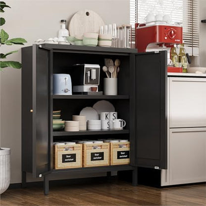 YAUWOH Small Metal Cabinet,Bathroom Storage Cabinet with 2 Adjustable Shelves and 2 Doors,Freestanding Sideboard for Small Spaces, Living Room, Home Office, Dining Room(1PC,Black)