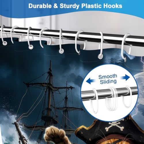 Ocean Pirate Cat Waterproof Nautical Bathroom Shower Curtain Set with Hooks