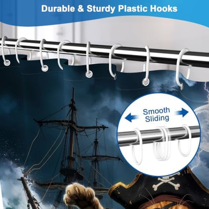Ocean Pirate Cat Waterproof Nautical Bathroom Shower Curtain Set with Hooks