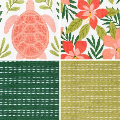 Ritz 4-Piece Kitchen Towel Set, Turtle Foliage & Hibiscus Floral Prints with Pine & Lime Green Textured Terry, 100% Cotton & Absorbent Cotton Blend, 16" x 26", Tropical Coastal Kitchen Decor