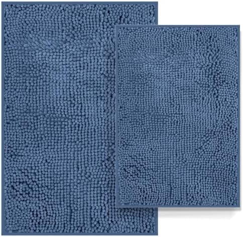 RUN HELIX Bathroom Rug Set 2 Pieces Non-Slip, Chenille Toilet Rugs, Absorbent Plush Shaggy Bath Mat Set for Bathroom, Bedroom, Kitchen, Deep Blue, 20"x32" & 16"x24"