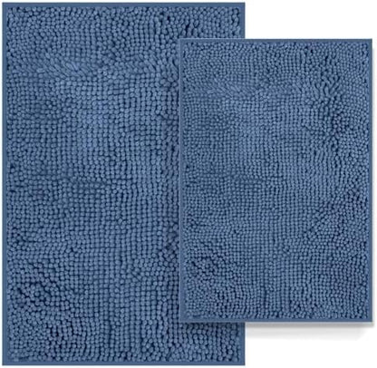 RUN HELIX Bathroom Rug Set 2 Pieces Non-Slip, Chenille Toilet Rugs, Absorbent Plush Shaggy Bath Mat Set for Bathroom, Bedroom, Kitchen, Deep Blue, 20"x32" & 16"x24"