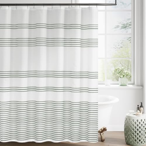 jinchan Green and White Shower Curtain for Bathroom Modern Farmhouse Striped Waterproof Fabric Shower Curtain Set with 12 Hooks Machine Washable 70x72 Inches