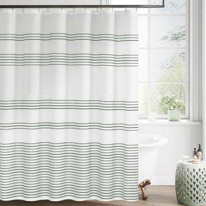 jinchan Green and White Shower Curtain for Bathroom Modern Farmhouse Striped Waterproof Fabric Shower Curtain Set with 12 Hooks Machine Washable 70x72 Inches