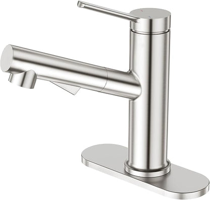Faustina Single Hole Bathroom Faucet with Pull Out Sprayer, Brushed Finish Bathroom Sink Faucet for Vanity or Laundry, Stainless Steel 1 Handle with Deck Plate for 1 or 3 Hole