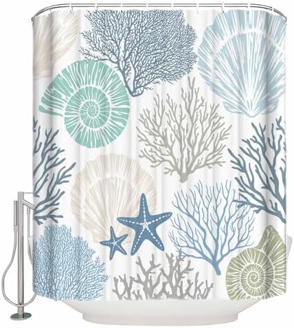 Shower Curtain Bathroom Set Blue Ocean Shells Coral Waterproof Shower Curtains with Grommets Hooks Conch Starfish Marine Life Privacy Bath Curtain for Bathtub Decor 72x72in
