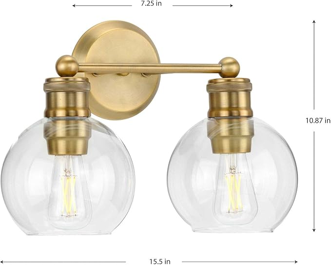 Hansford Collection 2-Light Clear Glass Farmhouse Bath Vanity Light Vintage Brass