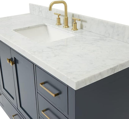 ARIEL Cambridge 54-inch Bathroom Vanity with Sink,Solid Wood, 1.5-inch Italian Carrara Marble Countertop, Single Rectangular Porcelain Sink, 2 Soft Closing Doors, 9 Dovetail Drawers, Midnight Blue