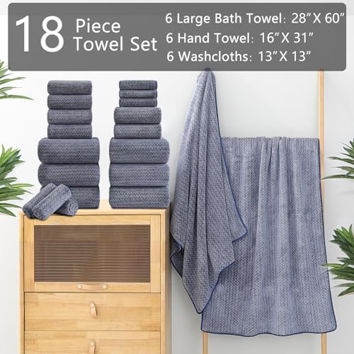 Ycosy 18 Piece Bath Towels Set,100% Microfiber Family Bathroom Towel with Hanging Loops-6 Bath Towels,6 Hand Towels,6 Washcloths,Quick Dry Highly Absorbent Shower Towel for Bathroom,Hotel,Spa-Navy