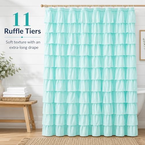 Teal Ruffle Shower Curtain for Bathroom, 72x84 Inch, 1 Panel