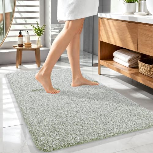 OLANLY Microfiber Bathroom Rugs 44x32, Quick Dry Mat, Sage Green and White
