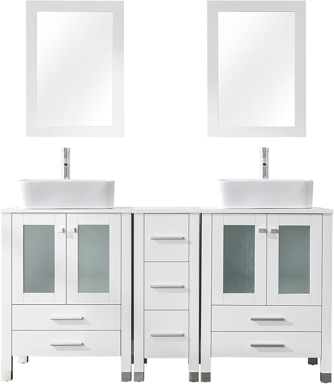 LUCKWIND 60" Double 24" Bathroom Vanity with Sink Combo, Elegant Series with One 12.6-in Side Cabinet, Painted Frame, Including White Rectangle Sinks, Faucets Without Mirrors, White