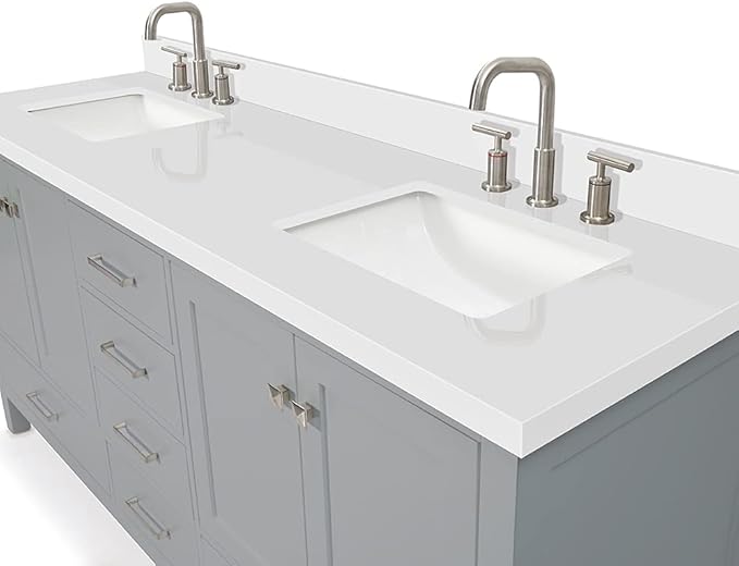 DKB Beckford 72 Inch Bathroom Vanity Double Sink — Grey Bathroom Vanity with Sink, 1.5" Edge Pure White Quartz Countertop & Backsplash, 4 Soft-Close Doors, 6 Dovetail Drawers