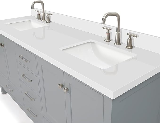 ARIEL Cambridge 72-inch Bathroom Vanity with Sink,Solid Wood, 1.5-inch Pure White Quartz Countertop & Backsplash, Double Rectangular Porcelain Sink, 4 Soft Closing Doors, 6 Dovetail Drawers, Grey