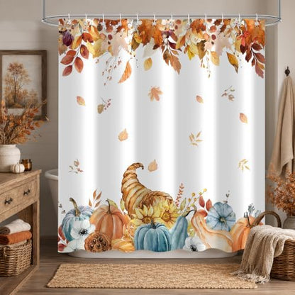 Harvest Pumpkin Shower Curtain, 60 x 72 Inch Watercolor Fall Bathroom Curtain with Autumn Leaves, Cornucopia and Blue Pumpkin Design, Farmhouse Bath Decor